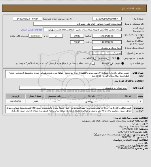 استعلام کنسروماهی (تن) به تعداد1440عدد....توجه:فقط تاریخ به روزوتحویل گرفته می شوددرغیراین صورت بارتوسط کارشناس تغذیه وبهداشت بیمارستان عودت خواهدشد