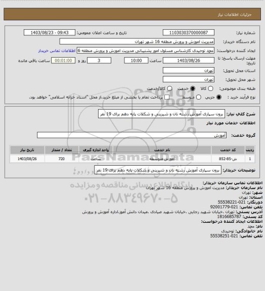 استعلام برون سپاری آموزش رشته نان و شیرینی و شکلات پایه دهم برای 19 نفر