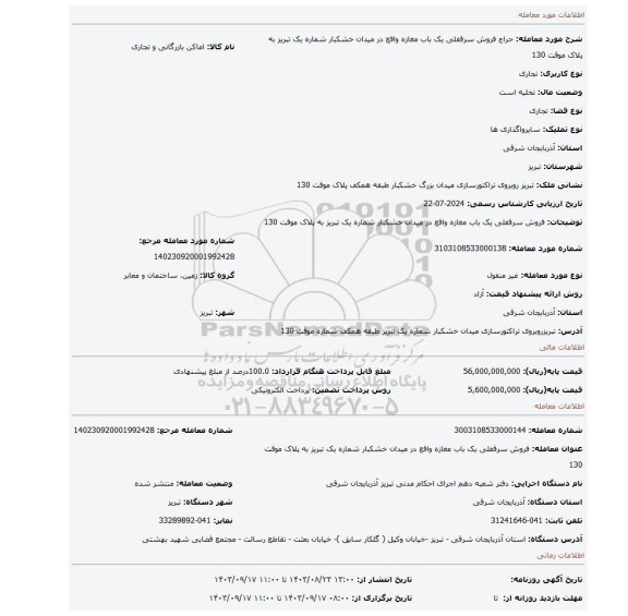 مزایده، فروش سرقفلی یک باب مغازه واقع در میدان خشکبار شماره یک تبریز به پلاک موقت 130