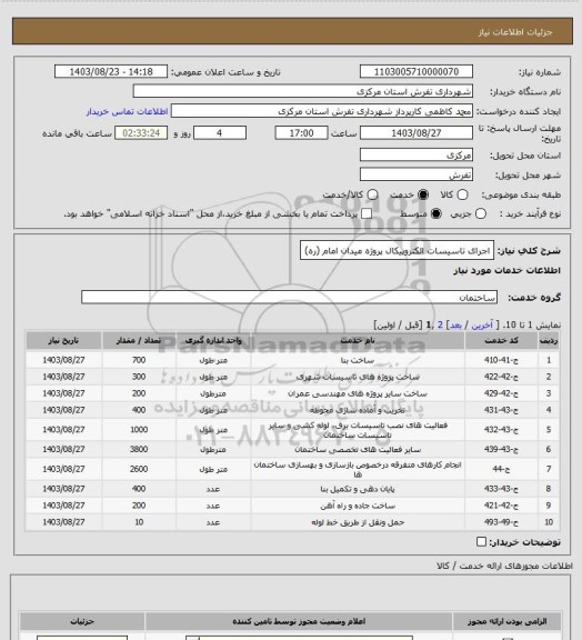 استعلام اجرای تاسیسات الکتروپیکال پروژه میدان امام (ره)