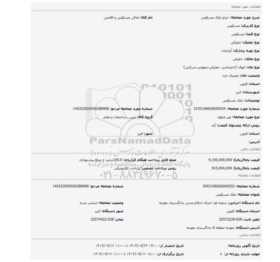 مزایده، ملک مسکونی