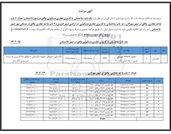 مزایده فروش یک باب ساختمان تجاری مسکونی و 10 باب واحد تجاری