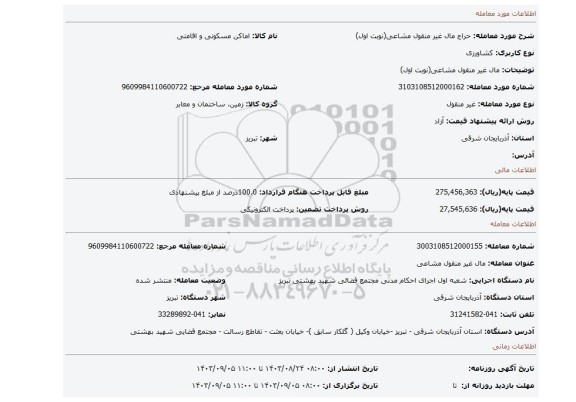 مزایده، مال غیر منقول مشاعی(نوبت اول)