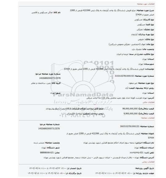 مزایده، فروش  ششدانگ یک واحد آپارتمان به پلاک ثبتی 422399 فرعی از 2395 اصلی مفروز از 57454