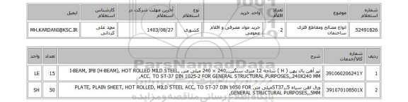 استعلام انواع مصالح ومقاطع فلزی ساختمان