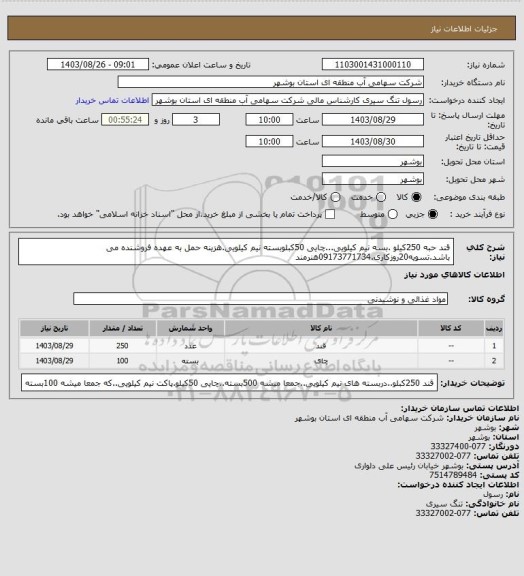 استعلام قند حبه 250کیلو .بسه نیم کیلویی...چایی 50کبلوبسته نیم کیلویی.هزینه حمل به عهده فروشنده می باشد.تسویه20روزکاری.09173771734هنرمند