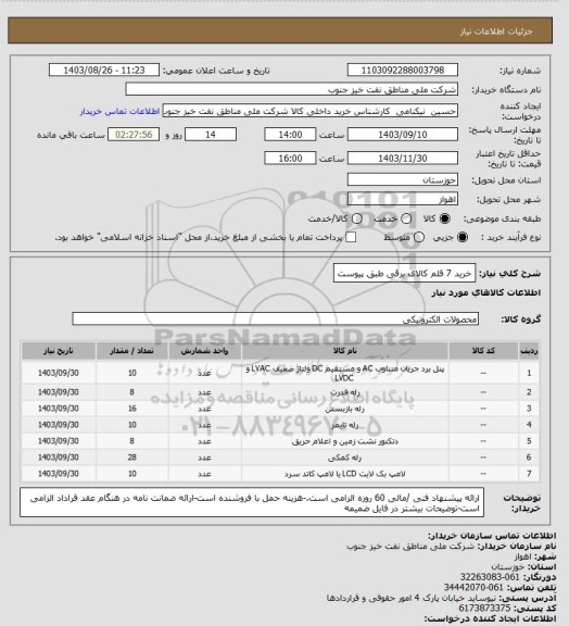 استعلام خرید 7 قلم کالای برقی طبق پیوست