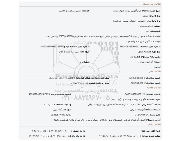 مزایده، آگهـی مـزایده امـوال منقول