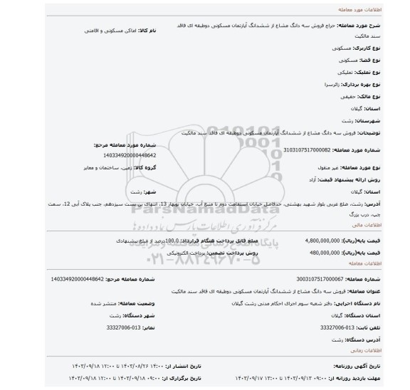 مزایده، فروش سه دانگ مشاع از ششدانگ آپارتمان مسکونی دوطبقه ای فاقد سند مالکیت