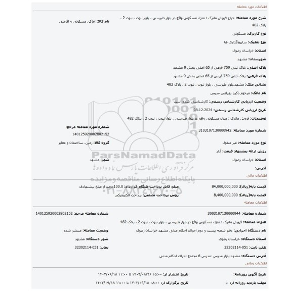 مزایده، فروش ماترک : منزل مسکونی واقع در بلوار طبرسی ، بلوار نبوت ، نبوت 2 ، پلاک 482