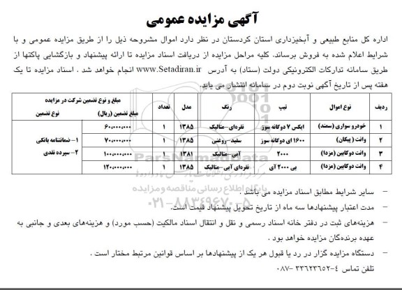 مزایده خودرو سواری سمند - پیکان - مزدا 