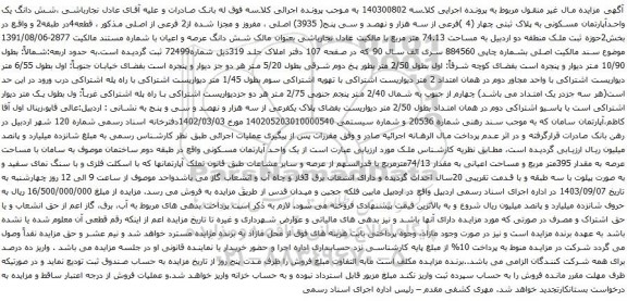 آگهی مزایده شش دانگ یک واحدآپارتمان مسکونی به پلاک ثبتی چهار (4 )فرعی از سه هزار و نهصد و سی پنج( 3935) اصلی