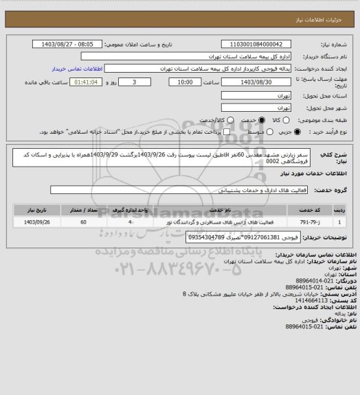 استعلام سفر زیارتی مشهد مقدس 60نفر اقاطبق لیست پیوست رفت 1403/9/26برگشت 1403/9/29همراه با پذیرایی و اسکان کد فروشگاهی 0002