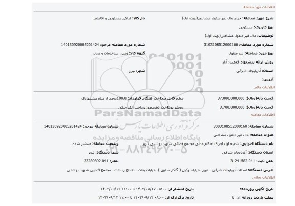 مزایده، مال غیر منقول مشاعی(نوبت اول)