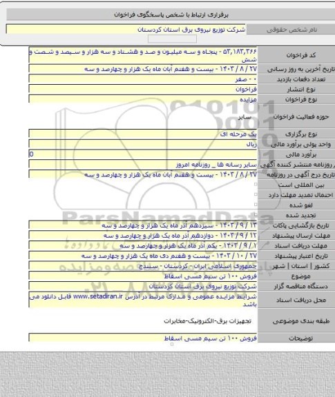 مزایده, فروش ۱۰۰ تن سیم مسی اسقاط