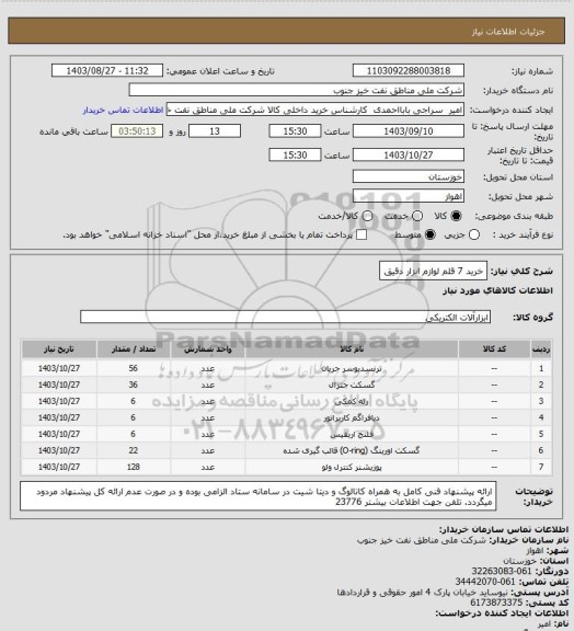 استعلام خرید 7 قلم لوازم ابزار دقیق