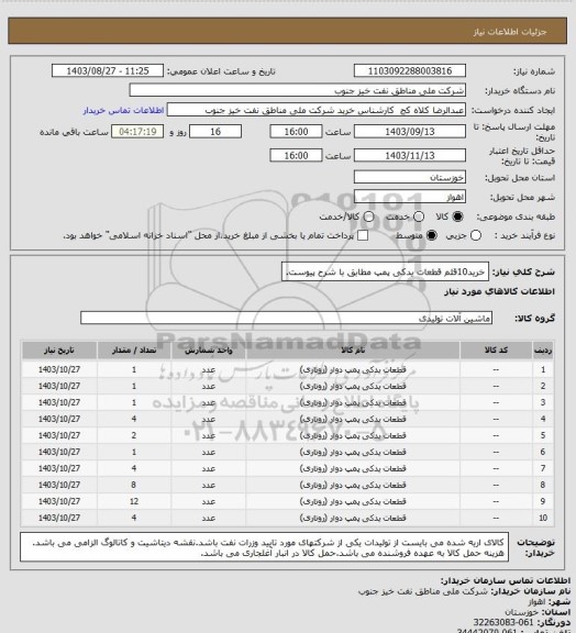 استعلام خرید10قلم قطعات یدکی پمپ مطابق با شرح پیوست.