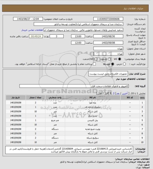 استعلام تجهیزات الکتریکال  طبق لیست پیوست