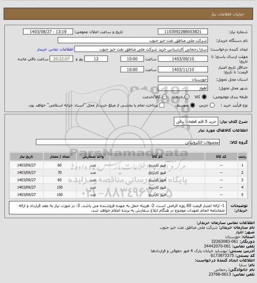 استعلام خرید 5 قلم قطعات برقی