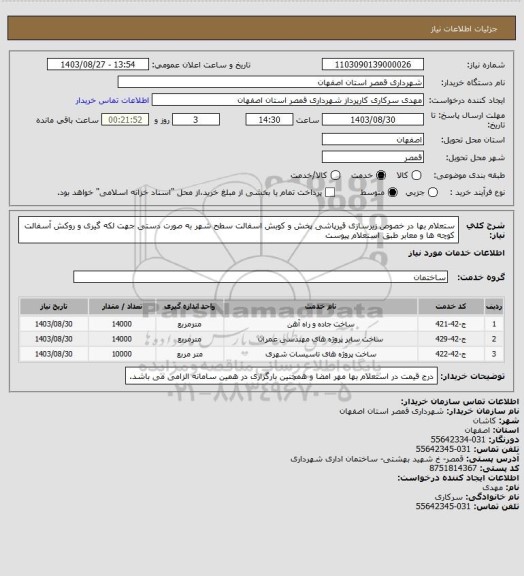 استعلام ستعلام بها در خصوص زیرسازی قیرپاشی پخش و کوبش اسفالت سطح شهر به صورت دستی جهت لکه گیری و روکش آسفالت کوچه ها و معابر طبق استعلام پیوست