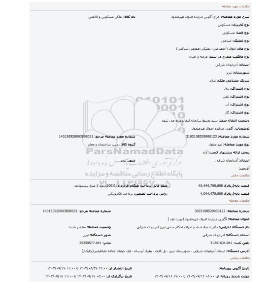 مزایده، آگهـی مـزایده امـوال غیرمنقـول