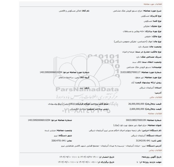 مزایده، دستور فروش ملک مشاعی