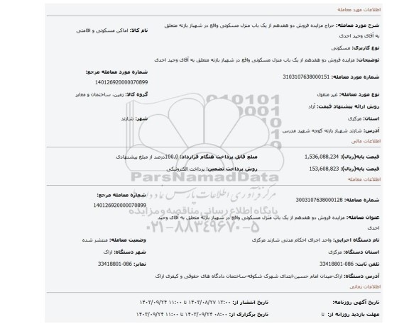 مزایده، مزایده فروش دو هفدهم از یک باب منزل مسکونی واقع در شهباز بازنه متعلق به آقای وحید احدی