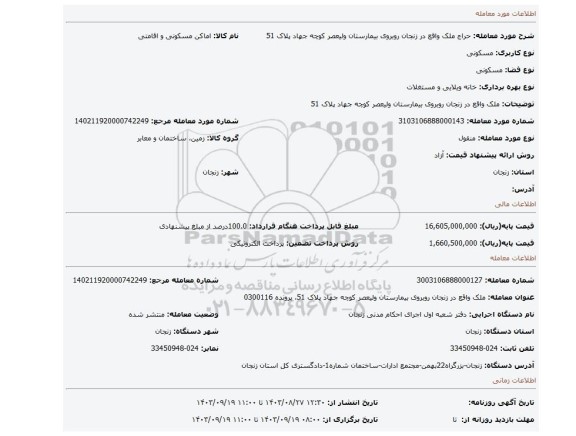 مزایده، ملک واقع در زنجان روبروی بیمارستان ولیعصر کوچه جهاد پلاک 51