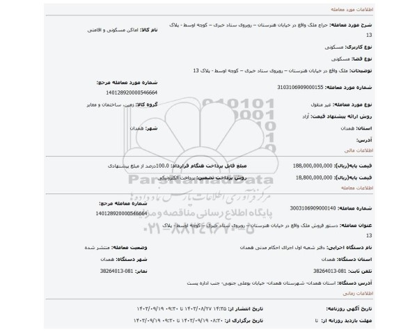 مزایده، ملک واقع در خیابان هنرستان – روبروی ستاد خبری – کوچه اوسط - پلاک 13