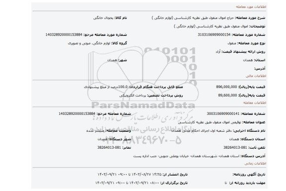 مزایده، اموال منقول طبق نظریه کارشناسی (لوازم خانگی )