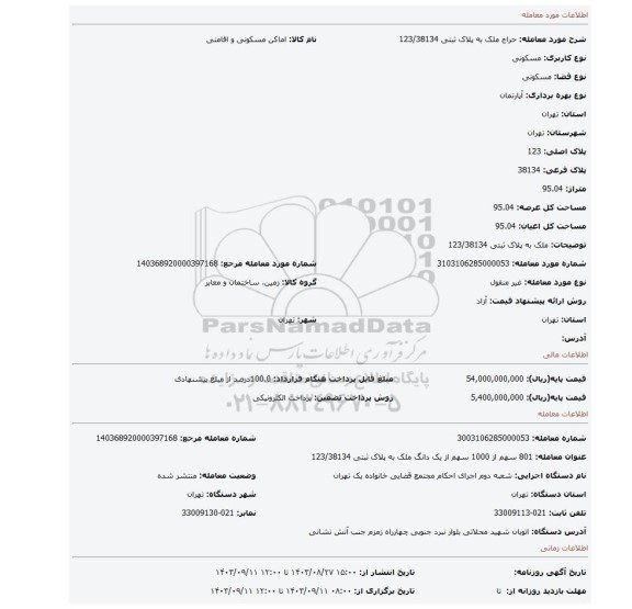 مزایده، ملک به پلاک ثبتی 123/38134