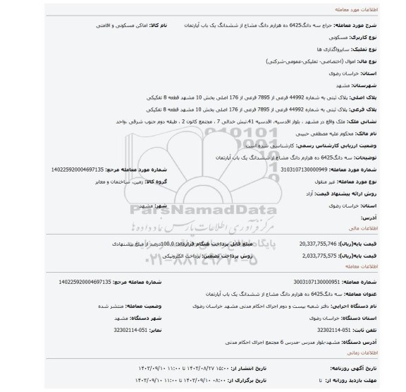 مزایده، سه دانگ6425 ده هزارم دانگ مشاع از ششدانگ یک باب آپارتمان