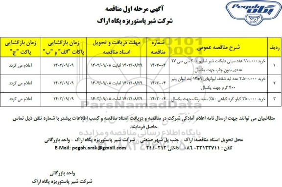 مناقصه خرید 910.000 عدد سینی دایکات شیر اسلیم 200 سی سی 27 عددی ...