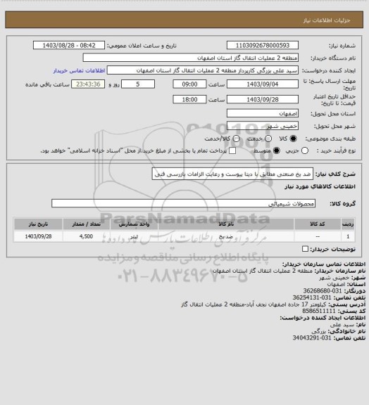 استعلام  ضد یخ صنعتی مطابق با دیتا پیوست    و  رعایت الزامات بازرسی فنی