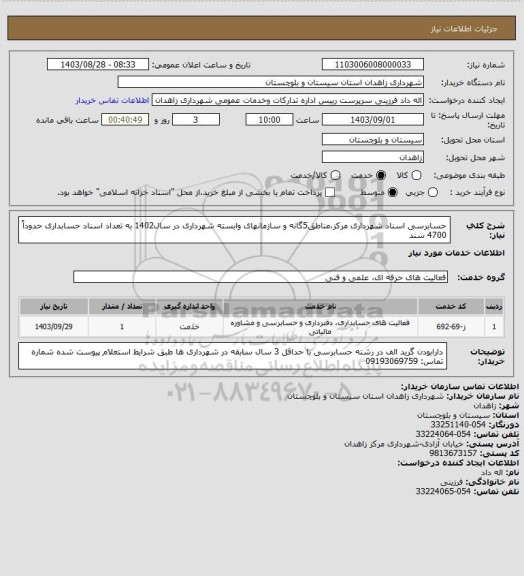 استعلام حسابرسی اسناد شهرداری مرکز،مناطق5گانه و سازمانهای وابسته شهرداری در سال1402 به تعداد اسناد حسابداری حدوداً 4700 سند