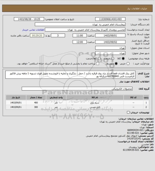 استعلام کابل برق افشان فقط افشار نزاد  روی قرقره باشد / حمل . بارگیری و تخلیه با فروشنده تحویل فوری تسویه 1 ماهه 
پیش فاکتور الزامیست فنی 61192840 شکراله پور