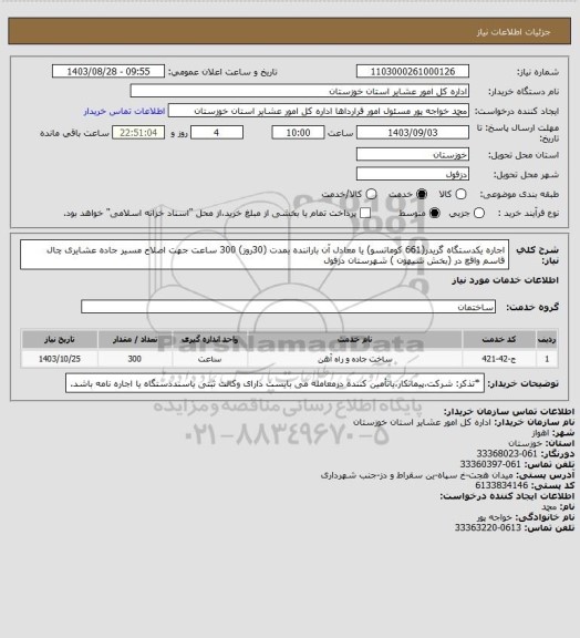 استعلام اجاره یکدستگاه گریدر(661 کوماتسو) یا معادل آن باراننده بمدت (30روز) 300 ساعت جهت اصلاح مسیر جاده عشایری چال قاسم واقع در (بخش شیهون ) شهرستان دزفول