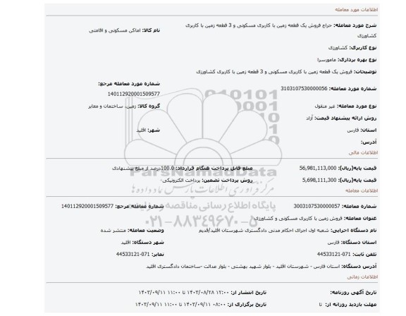 مزایده، فروش یک قطعه زمین با کاربری مسکونی و 3 قطعه زمین با کاربری کشاورزی