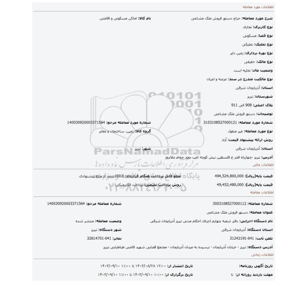 مزایده، دستور فروش ملک مشاعی