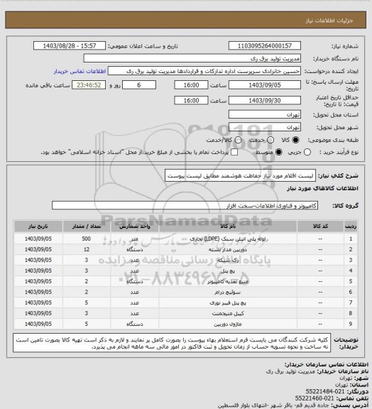 استعلام لیست اقلام مورد نیاز حفاظت هوشمند مطابق لیست پیوست