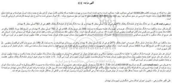 مزایده دو دانگ مشاع از ششدانگ پلاک 2571فرعی از 12 اصلی بخش 5 نهبندان