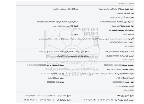 مزایده، آگهی  مال غیر منقول