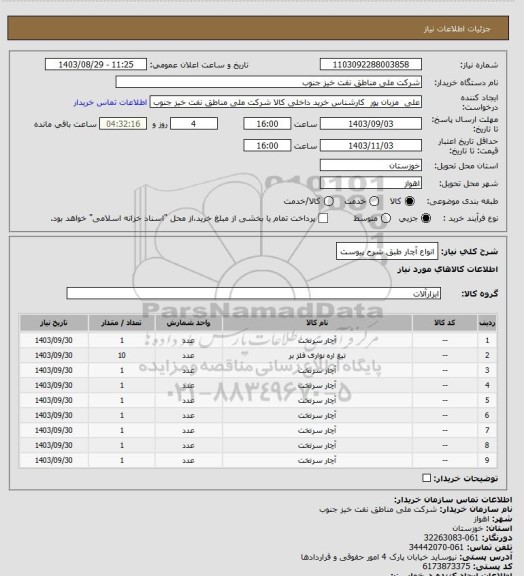 استعلام انواع آچار طبق شرح پیوست