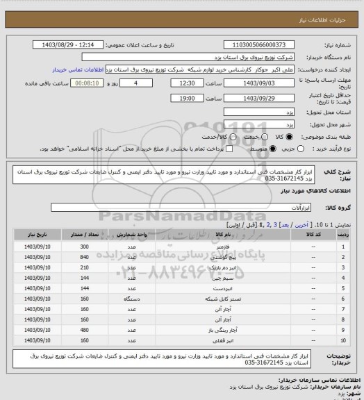 استعلام ابزار کار مشخصات فنی استاندارد و مورد تایید وزارت نیرو و مورد تایید دفتر ایمنی و کنترل ضایعات شرکت توزیع نیروی برق استان یزد 31672145-035