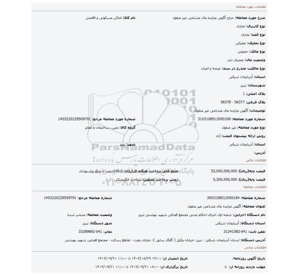 مزایده، آگهی مزایده مال مشاعی غیر منقول