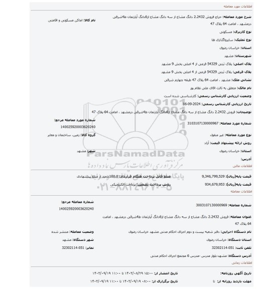 مزایده، فروش 2.2432 دانگ مشاع از سه دانگ مشاع از6دانگ آپارتمان  ط4شرقی درمشهد ، امامت 64 پلاک 47