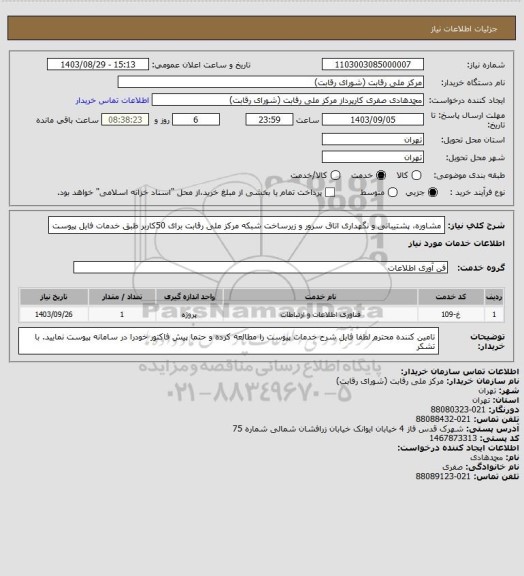 استعلام مشاوره، پشتیبانی و نگهداری اتاق سرور و زیرساخت شبکه مرکز ملی رقابت برای 50کاربر ظبق خدمات فایل پیوست