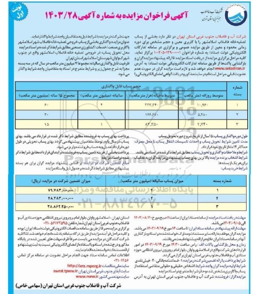 مزایده بخشی از پساب تصفیه خانه فاضلاب