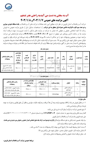 مزایده فروش یک دستگاه خودرو و دو سیم کارت همراه اول