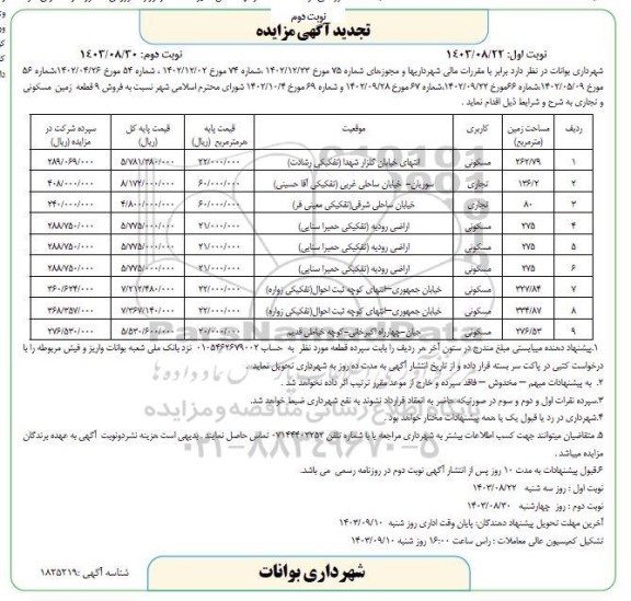 تجدید مزایده فروش 9 قطعه زمین مسکونی و تجاری - نوبت دوم 